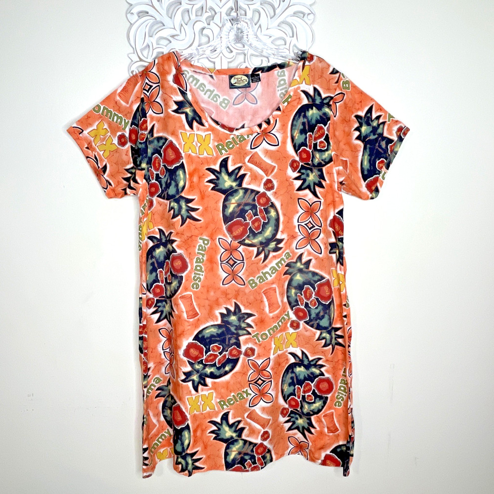 Vintage TOMMY BAHAMA Women's LARGE Pullover Tunic DRESS Cover-up ORANGE Tropical